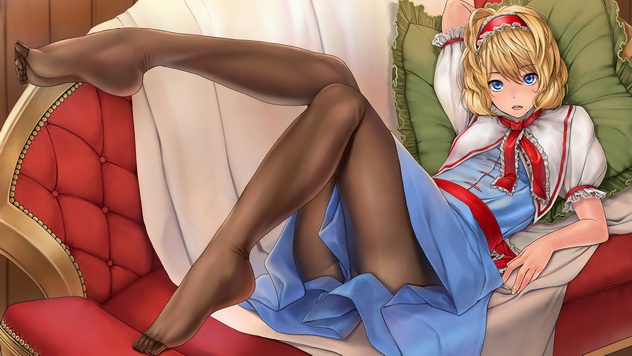 девушка с красными ленточками в волосах лежит на диване в сюжете из романтического аниме, аниме девушка