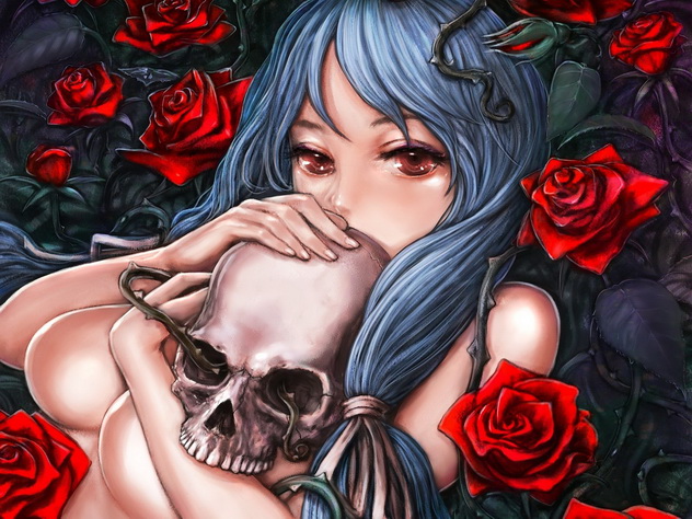 плачущая ведьма с красными розами и магическим черепом, магия аниме