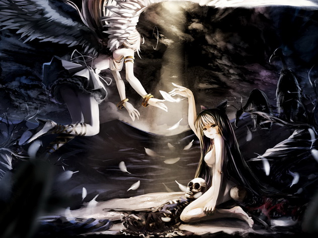 крылатая девушка и неко на кладбище оплакивают своего друга, магия аниме