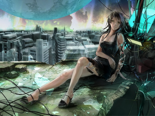 аниме картинка с девушкой киборгом восстанавливающейся после битвы, магия аниме