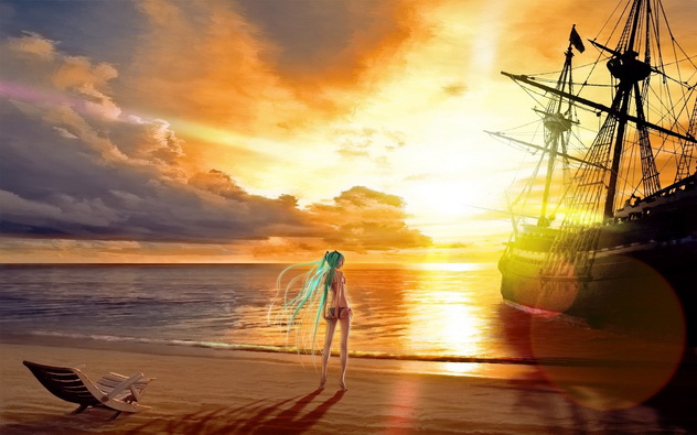 девушка на пляже возле старинного парусника, романтика аниме