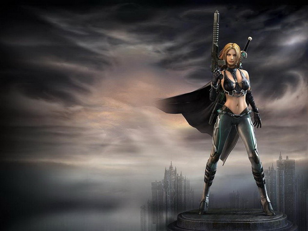девушка-воин с мечом за спиной и бластером в руках на вершине башни, боевик фэнтези