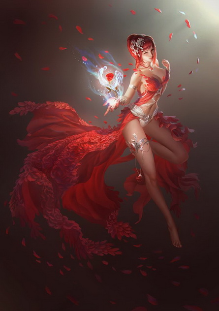 девушка красный маг с колдовским цветком, фэнтези девушка воин