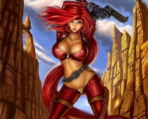 девушка в красном с большим пистолетом над головой, фэнтези девушка воин