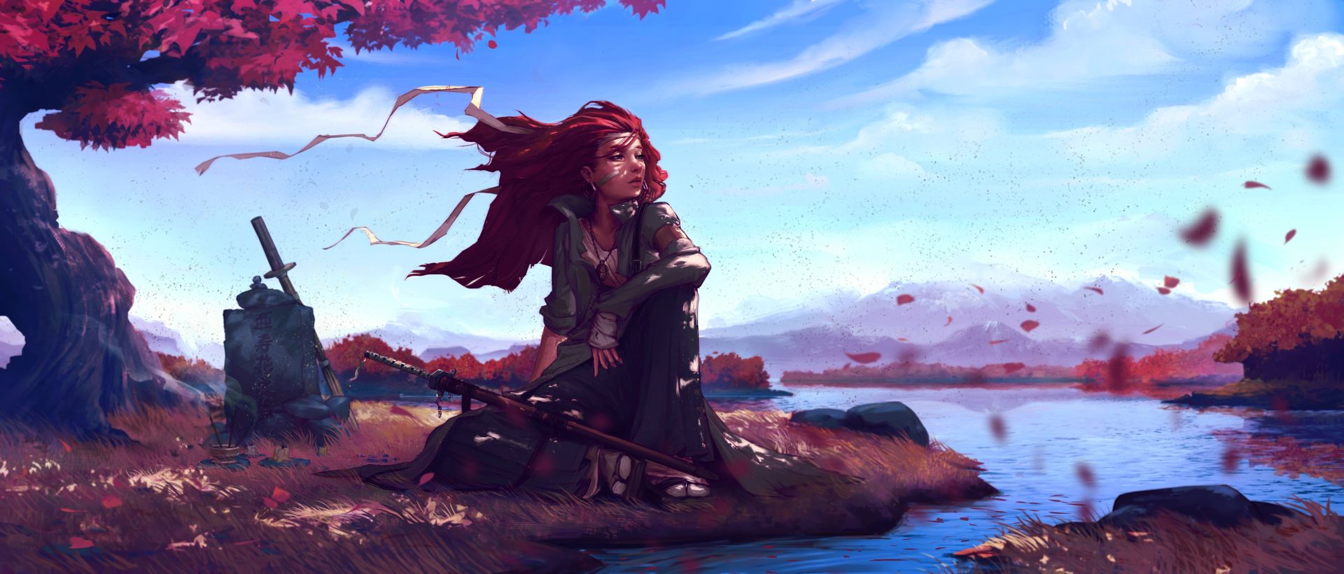 девушка воин на привале у ручья, магия фэнтези картинка
