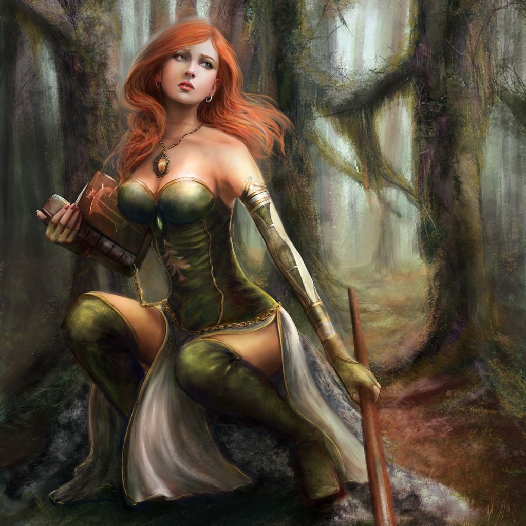 рыжая колдунья с книгой заклинаний в лесной чаще, магия фэнтези картинка