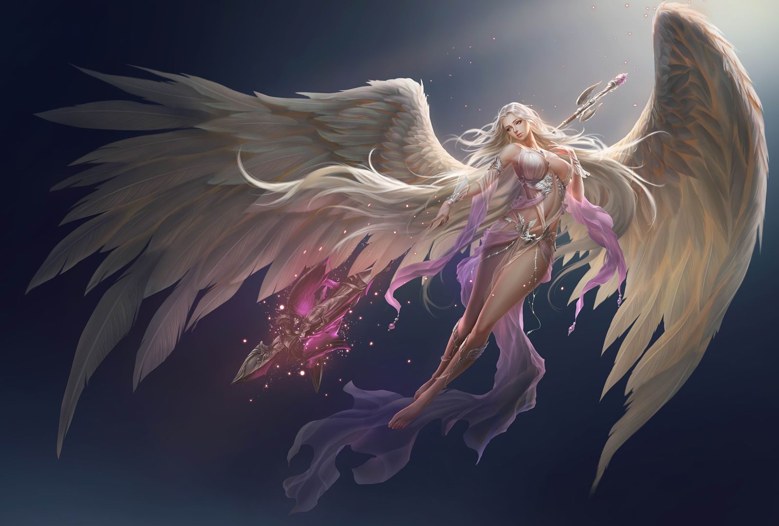 грудастая крылатая воительница с магическим копьем, магия фэнтези картинка