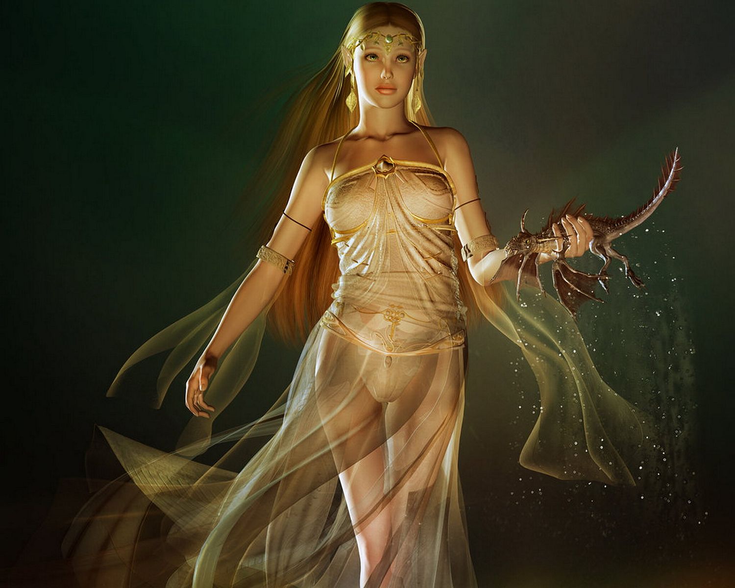 эльфийская девушка в прозрачном наряде с маленьким дракончиком в руке