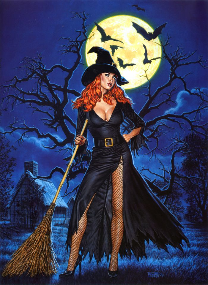 рыжая ведьма в сетчатых чулочках с метлой на лужайке своего домика, рисунок ведьмы