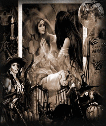 блестяшка с ведьмами, длинноволосая ведьма заглядывает в магическое зеркало