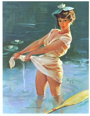 8 девушки пин-ап, картинка пин-ап с девушкой задравшей мокрый подол, стоя в воде