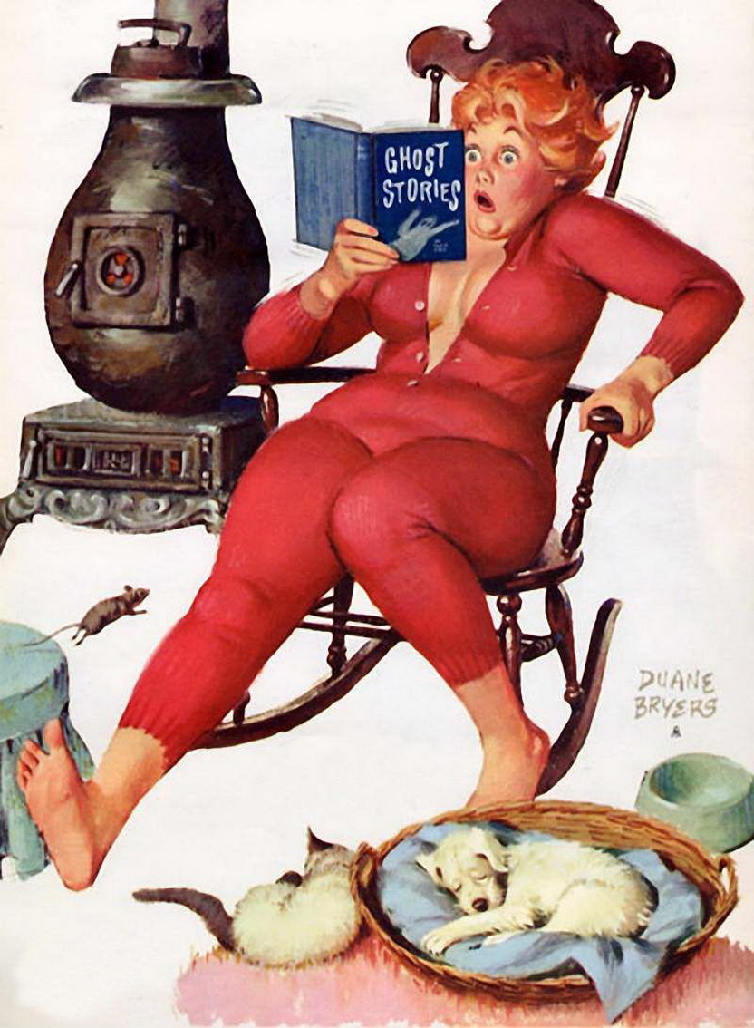 Хильда в пижаме читает ужастик на кресле-качалке