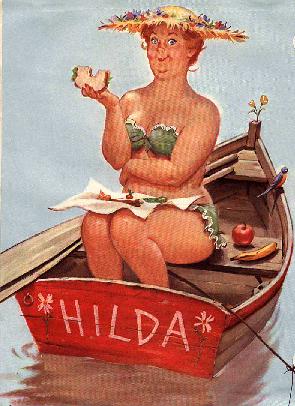 спелая Хильда обедает сидя в лодке