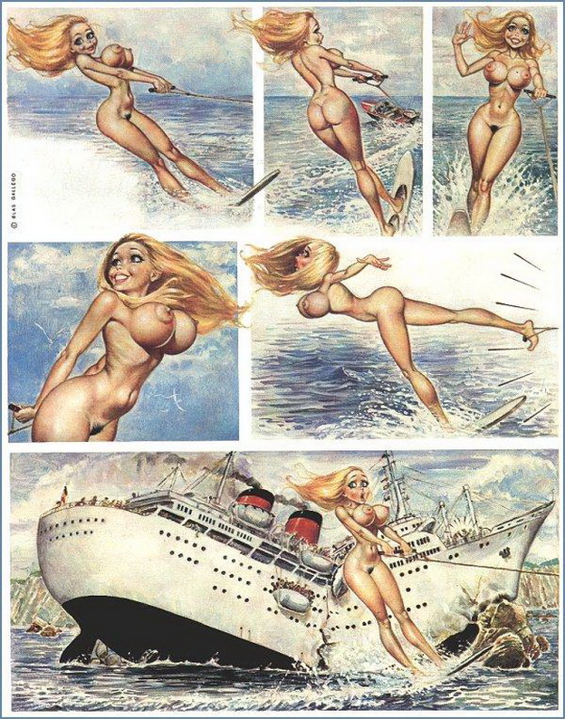 рулевой круизного лайнера посадил судно на скалы заглядевшись на катающуюся голышом на водных лыжах блондинку Долли, рисунок комикс  Dolly 18+