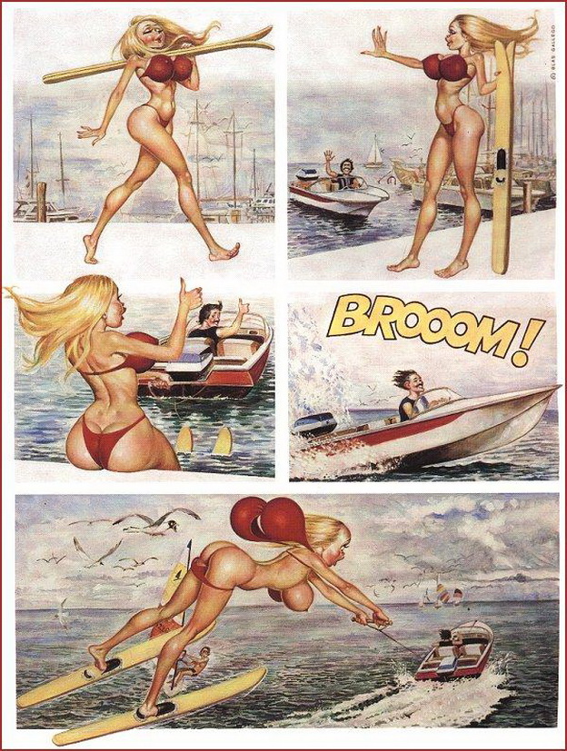 большой размер купальника блондинки Долли превратил ее катание на водных лыжах в полет на параплане, рисунок комикс  Dolly 18+