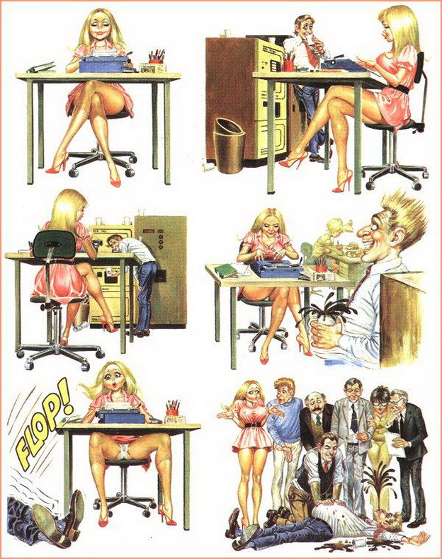блондинка Долли своей короткой юбочкой довела своего коллегу до отравления кофем, рисунок комикс  Dolly 18+