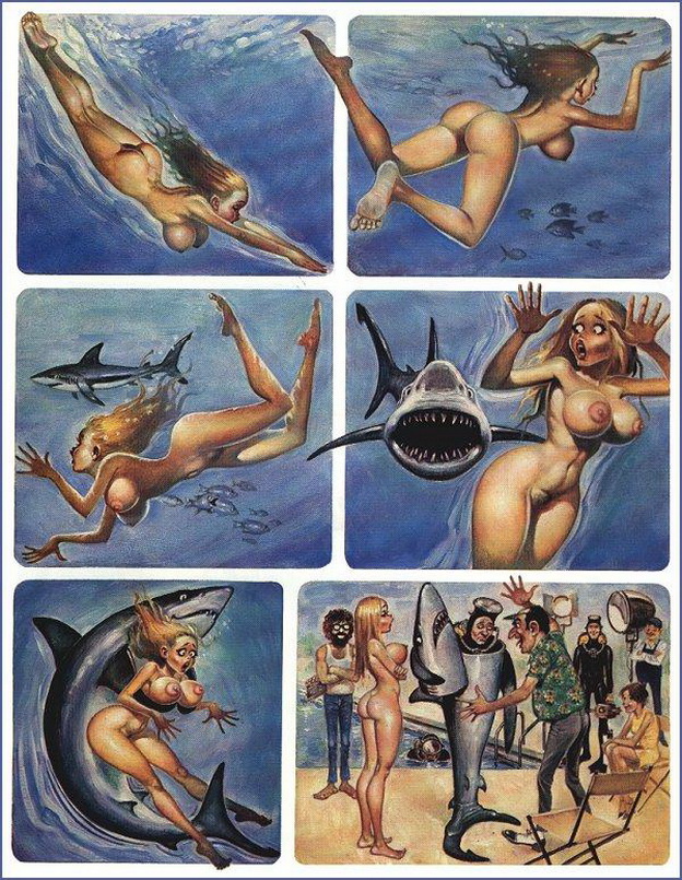 акула в море вместо того, чтобы укусить блондинку Долли за голую попку начала ее тискать за сиськи, рисунок комикс  Dolly 18+