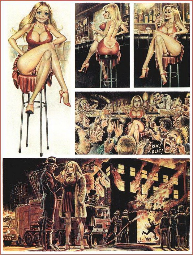 блондинка Долли решив закурить в баре, вызвала настоящий пожар из-за желающих дать ей огонька, рисунок комикс  Dolly 18+