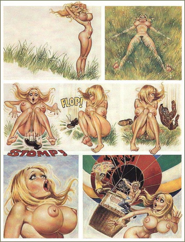 на загорающую в голом виде на травке блондинку Долли с неба опускается воздушный шар, рисунок комикс  Dolly 18+