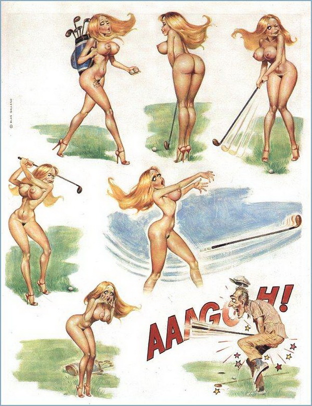 блондинка Долли голышом играя в гольф неудачно бъет по шарику, попадая по шарикам соперника, рисунок комикс  Dolly 18+