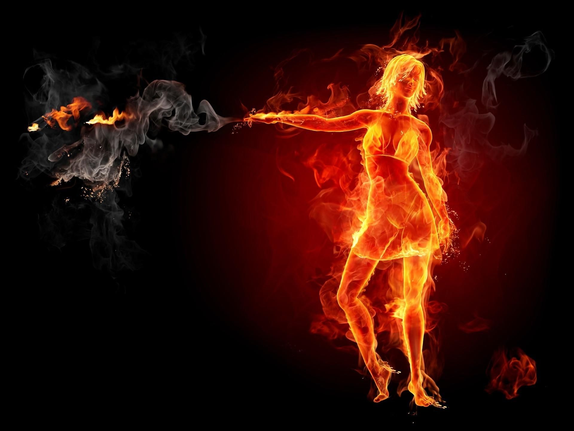 извергающая пламя, силуэт огненной девушки, поток пламени, 3D обои для рабочего стола, 3D-графика