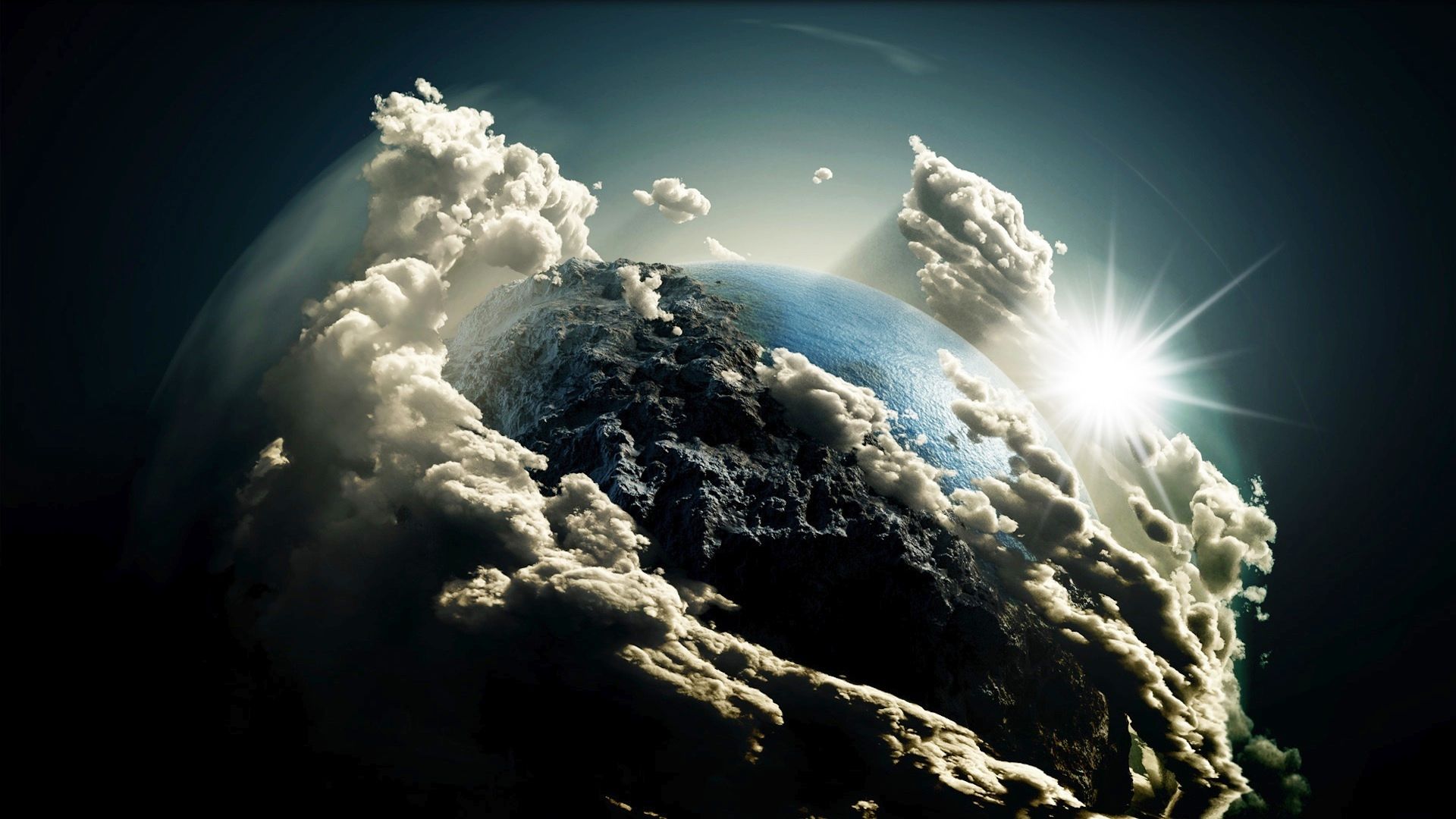 горы и море, вид на планету из космоса, облака, 3D обои для рабочего стола, 3D-графика