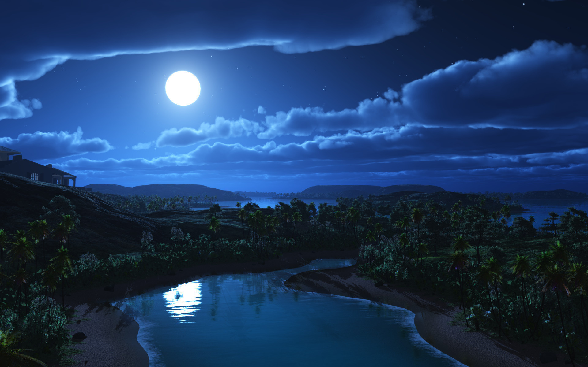 ночная река, луна, дом на холме, облака, 3D обои для рабочего стола, 3D-графика