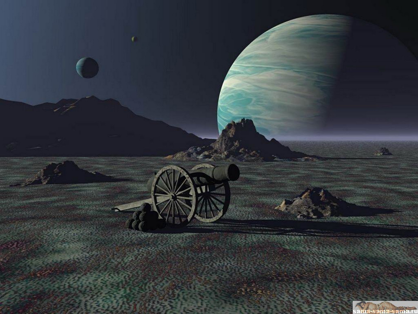 лунная пушка, пустыня, луна над горизонтом, 3D обои для рабочего стола