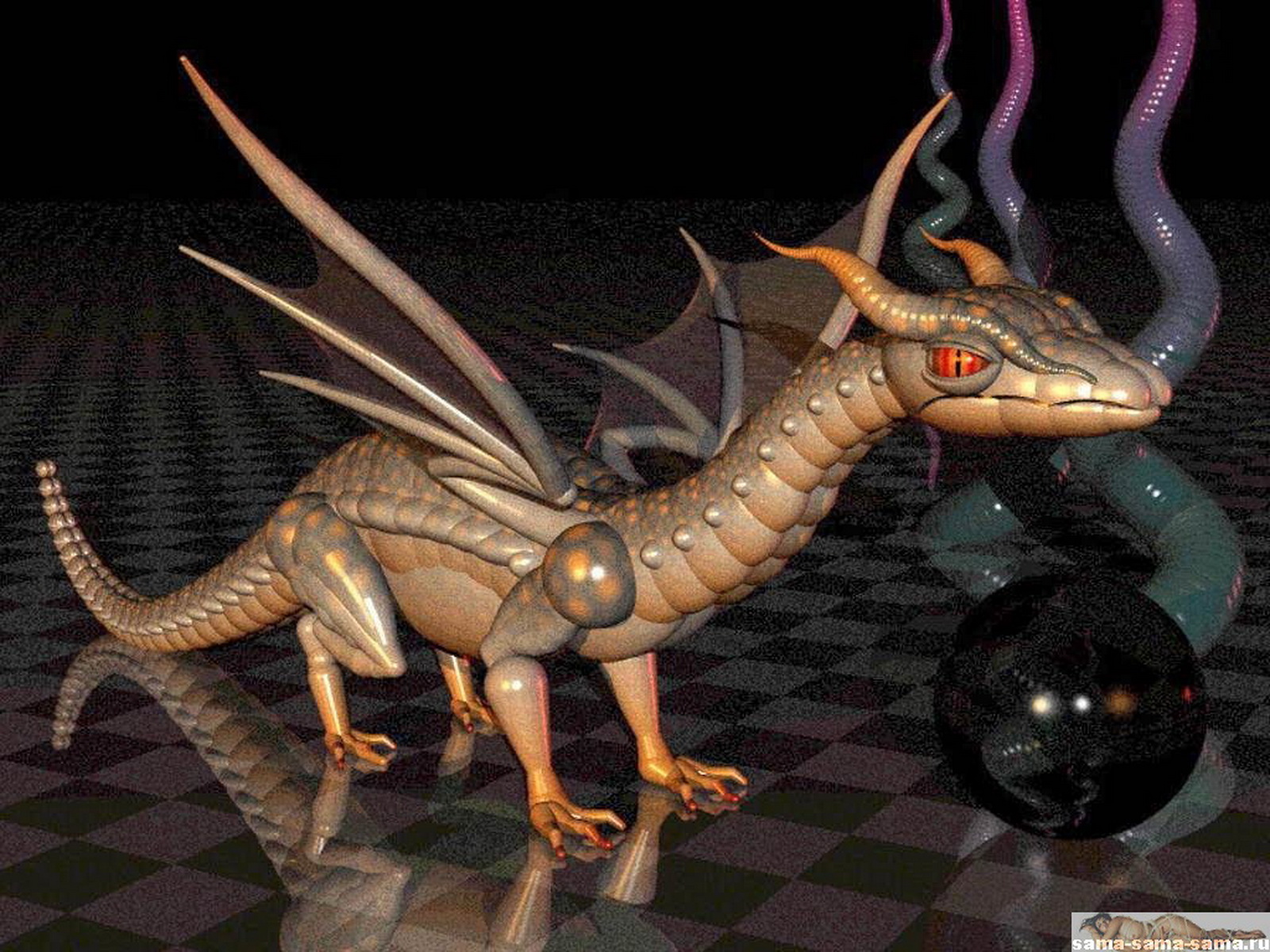 дракончик, шахматная клетка, черный шар, 3D обои для рабочего стола