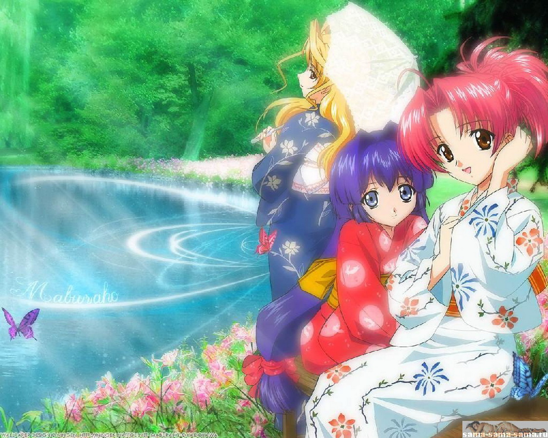 девушки в кимоно у пруда, обои Аниме 16