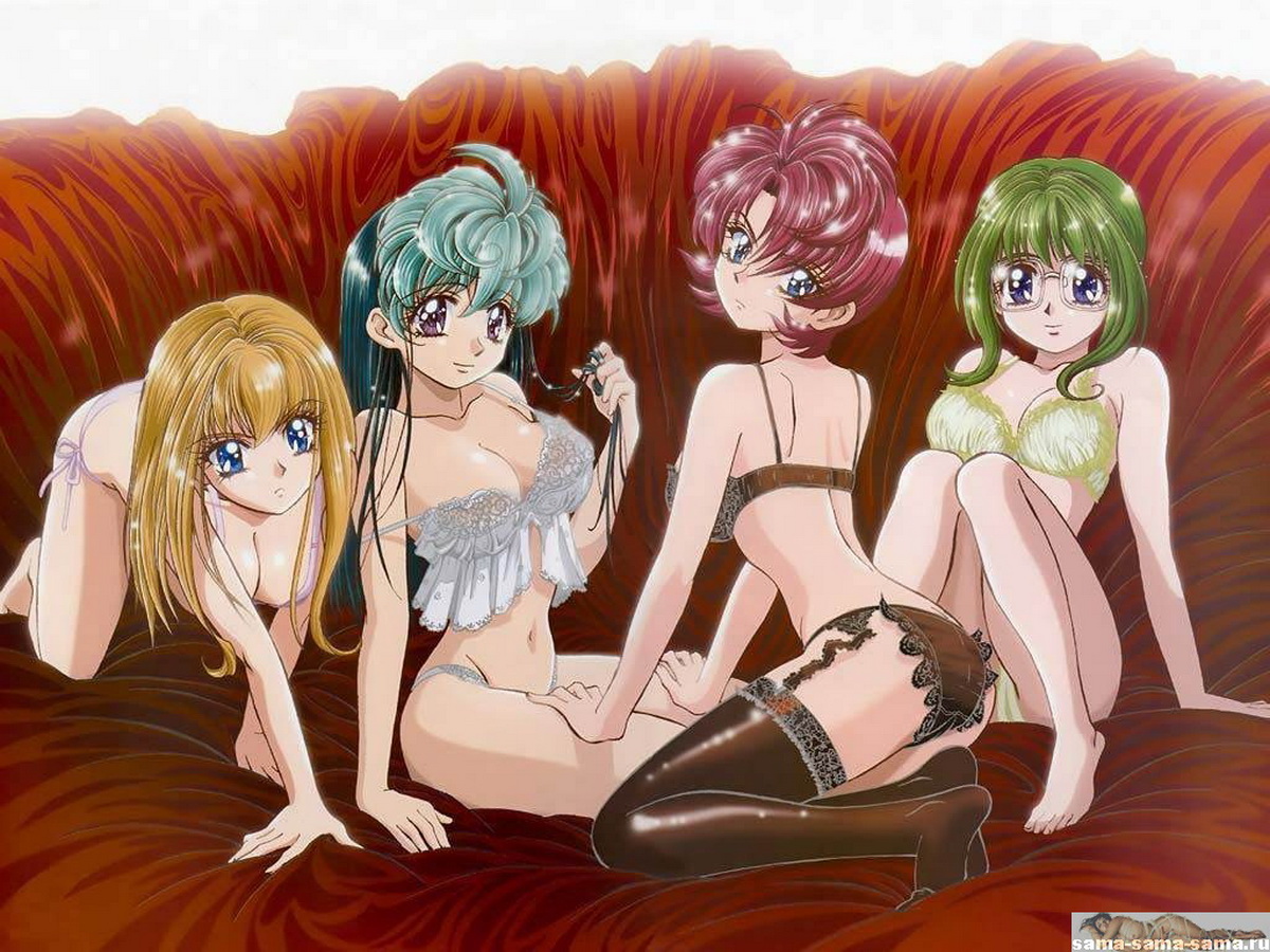 четыре сисястых девушки-аниме в нижнем белье в траве, аниме фон для рабочего стола  69  
