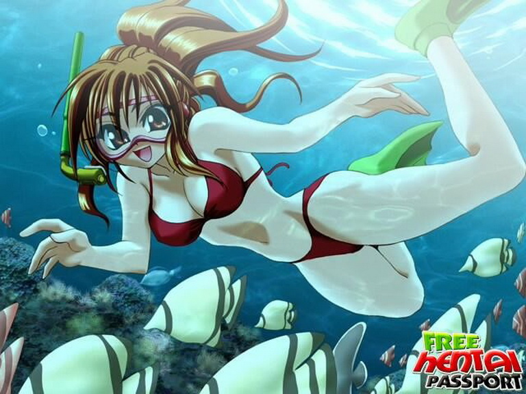 ныряльщица в бикини под водой среди стаи рыб, картинка секс аниме