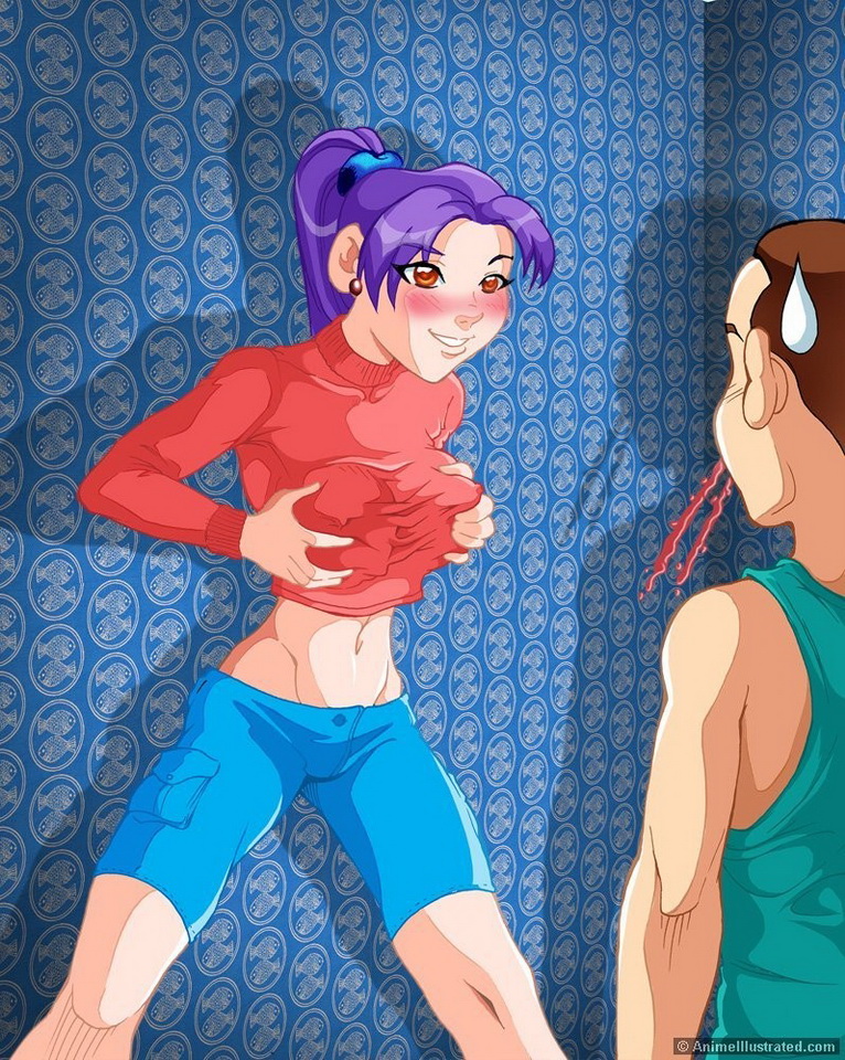 откровенное аниме, девушка спортивного вида демонстрирует свои толстые сиськи приятелю