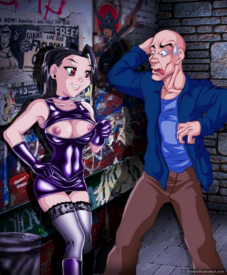 откровенное аниме, проститутка на улице соблазняет голой грудью пожилого мужчину