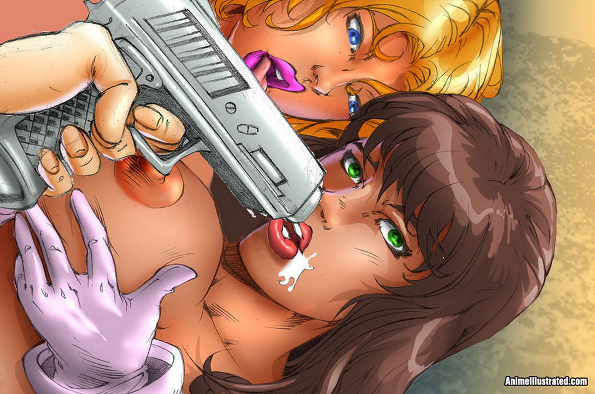 откровенное аниме, пистолет у носа заляпанной спермой девушки-лесбиянки