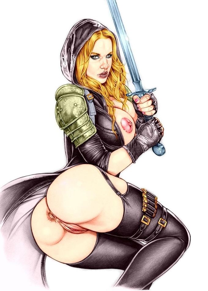 женщина воин с большим мечом, голыми сиськами и толстой голой задницей без трусов, картинка порно аниме