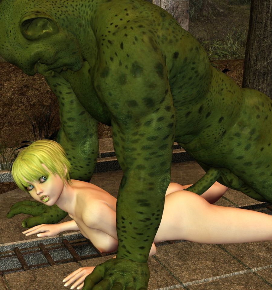 зеленый пятнистый гоблин вставляет член в анус лежащей на животе девушки на полу старого бункера, аниме монстры, секс с монстрами