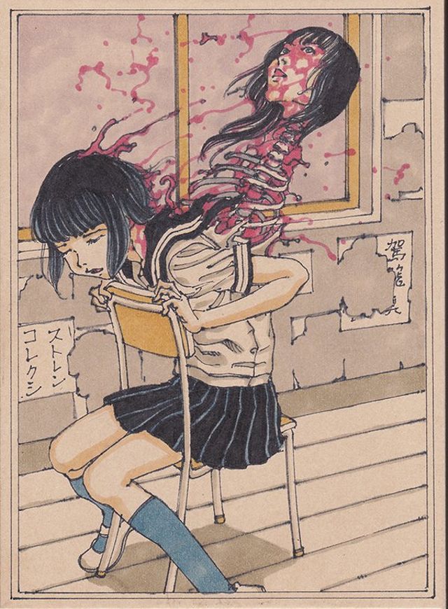 японская девушка слишком резко дернулась, так что позвоночник остался снаружи, картинка аниме, гуро, эрогуро