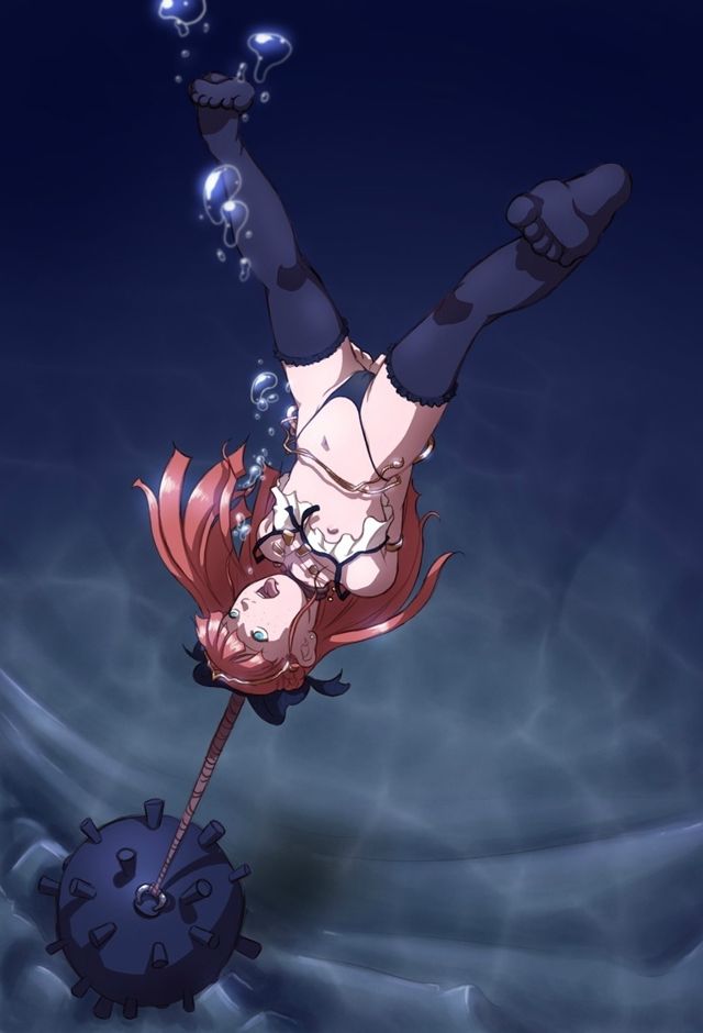 рыжая шпионка привязана за шею к подводной мине, картинка аниме, гуро, эрогуро