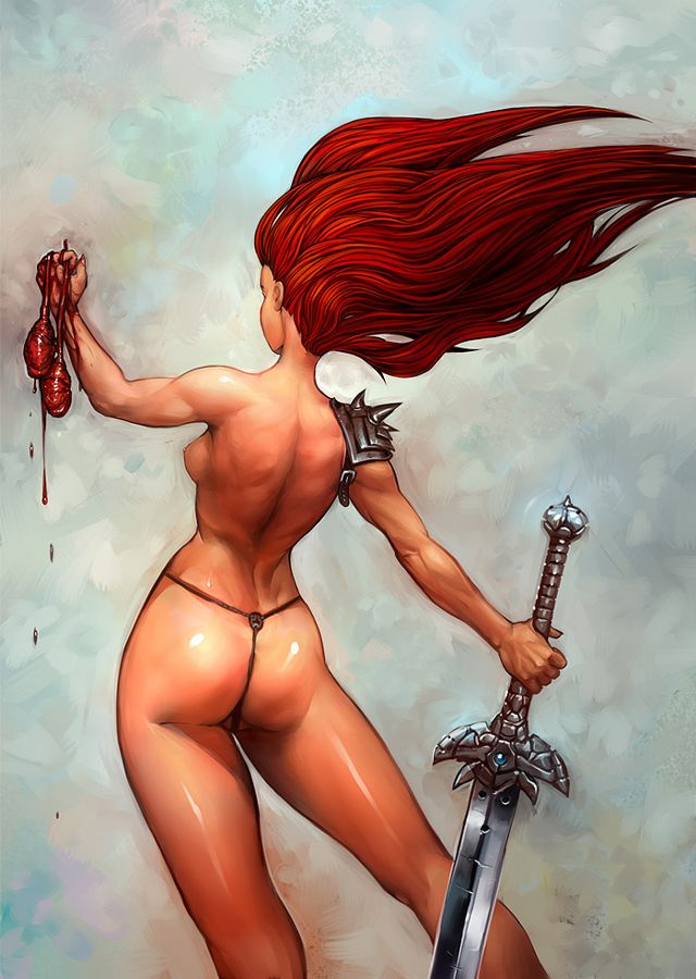 обнаженная девушка-воин с яичками поверженного врага, картинка аниме, гуро, эрогуро