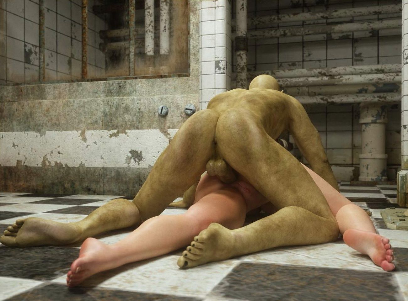 монстр вставляет свой половой член в анус лежащей на полу женщины. вид сзади крупным планом 