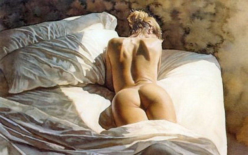 голая попка проснувшейся девушки в лучах утреннего света, эротическая живопись