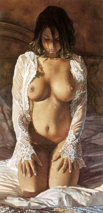 грустная девушка с большой грудью сидит в кружевной рубашке на коленях на краю кровати, эротическая живопись