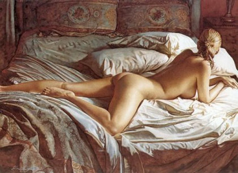 длинная девушка в неглиже на кровати, эротическая живопись