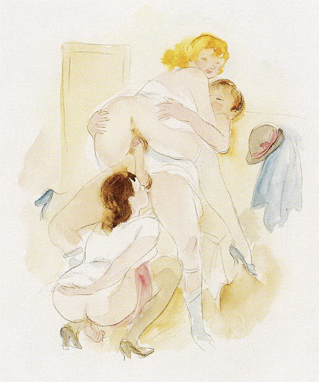 акварель, секс торговца с двумя подружками, эротическая живопись