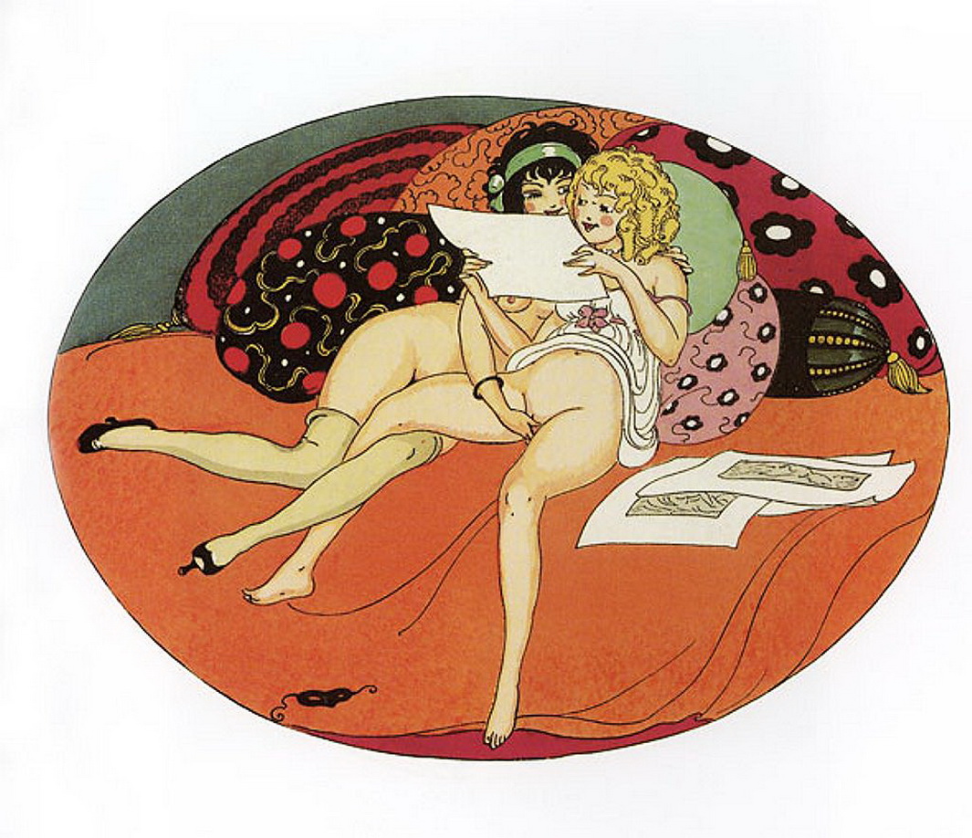 две лесбиянки на подушках разглядывают пошлые картинки, эротическая живопись
