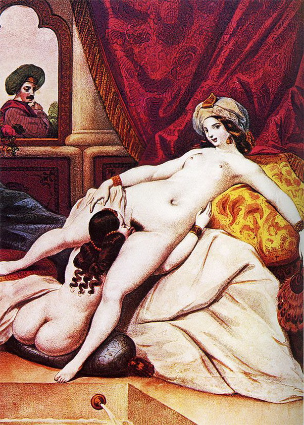 Султан Сулейман наблюдает как его жены занимаются лесбийским сексом, эротическая живопись