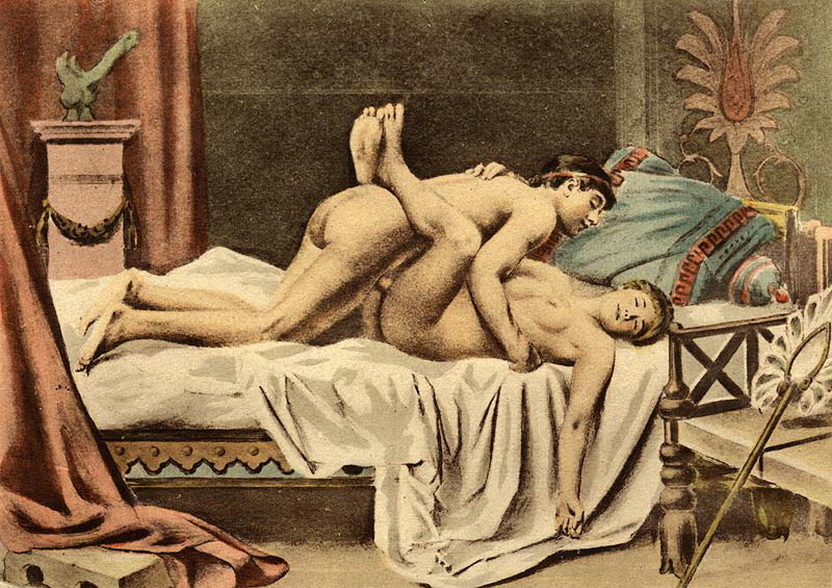 молодая пара занимается сексом в классической позе лежа на спине обхватив партнера ногами, эротическая гравюра, эротическая живопись