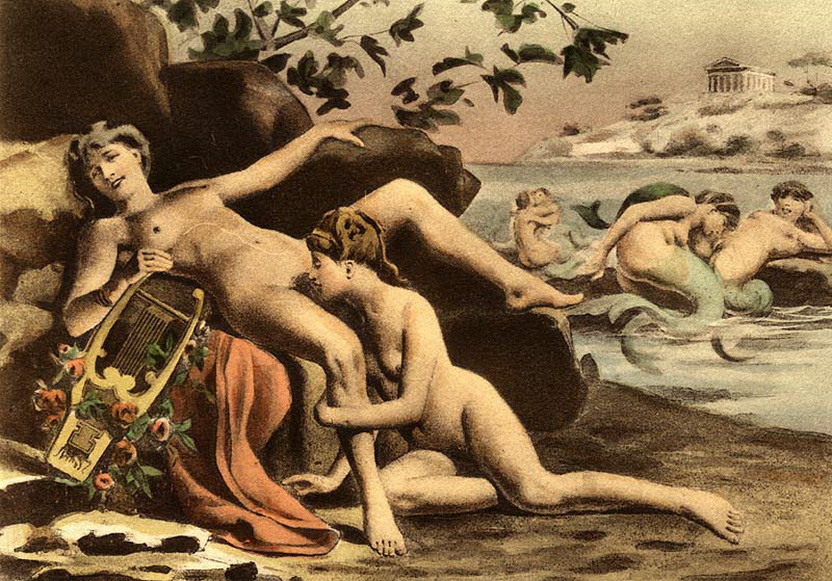 Лесбийские игры богинь на пляже. эротическая гравюра, эротическая живопись