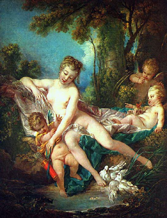 обнаженная женщина развлекается с тремя амурами, эротическая живопись